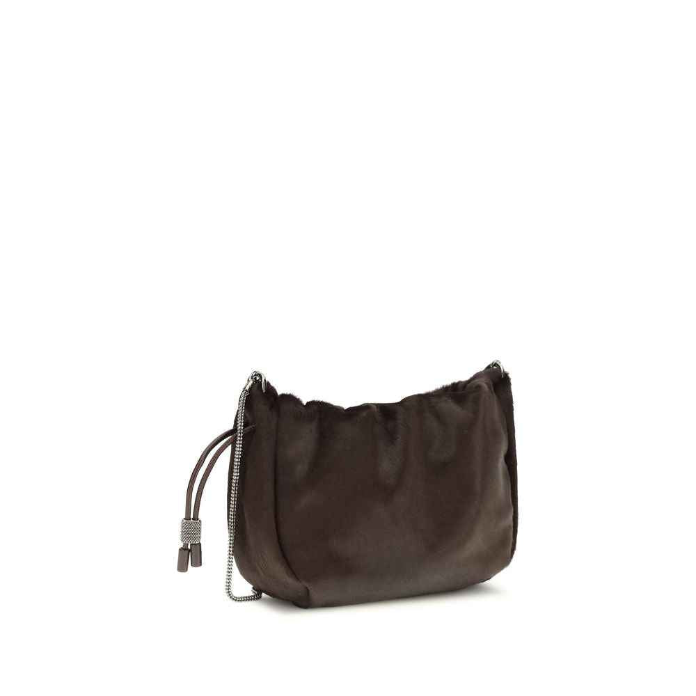 Brunello Cucinelli Mellow Mini Ponyhair Bag, brown shoulder bag, front view