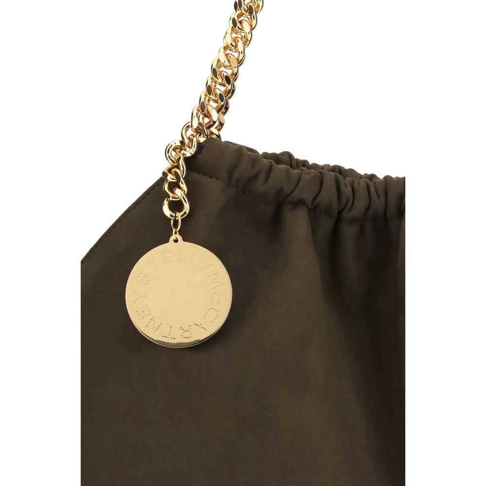 Stella McCartney Falabella Mini Tote Bag, brown suede-like material with gold chain, logo detail