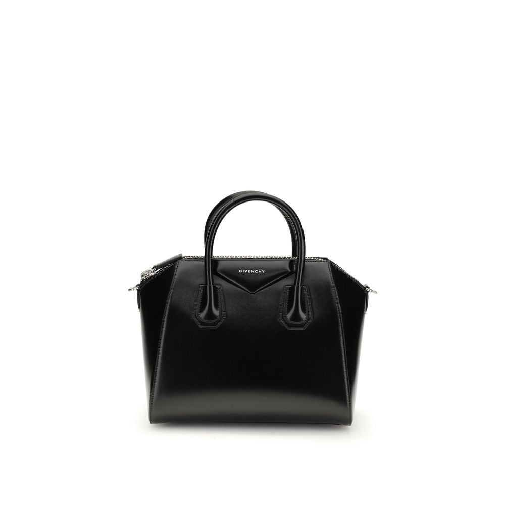 Givenchy Small Antigona black leather satchel with top handles, front view.