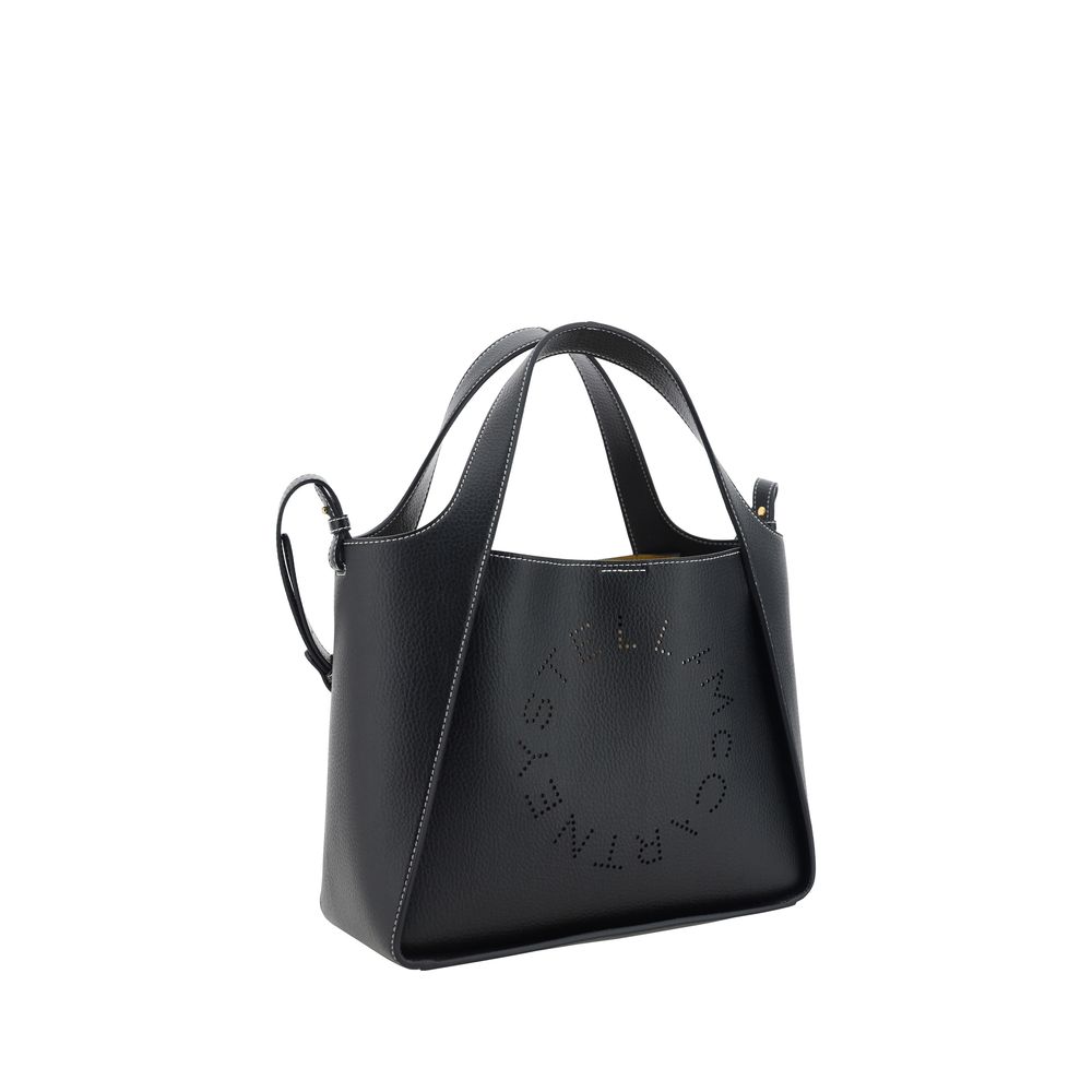 Stella McCartney Logo Shoulder Bag in black pebbled leather, front view