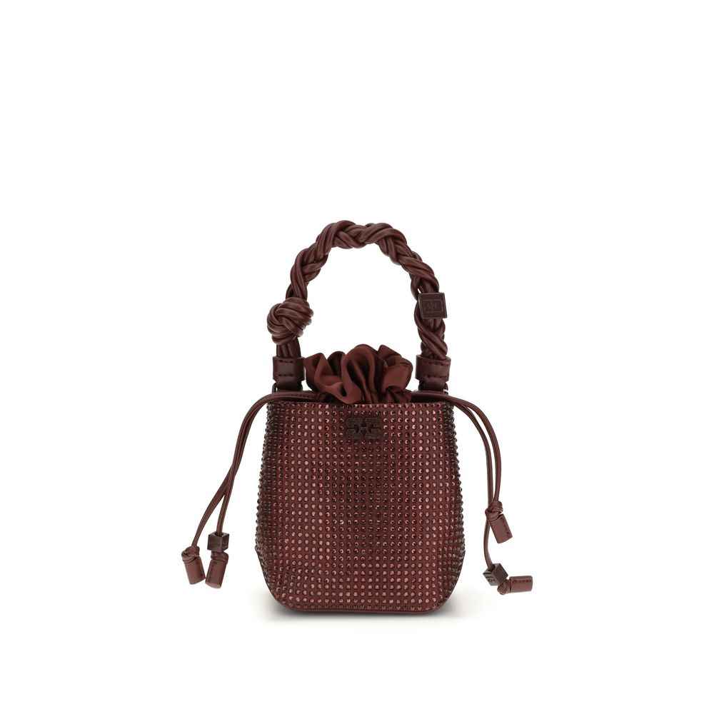 Ganni Bordeaux Mini Bou Buckle Bag, burgundy leather bucket bag with braided handle, front view