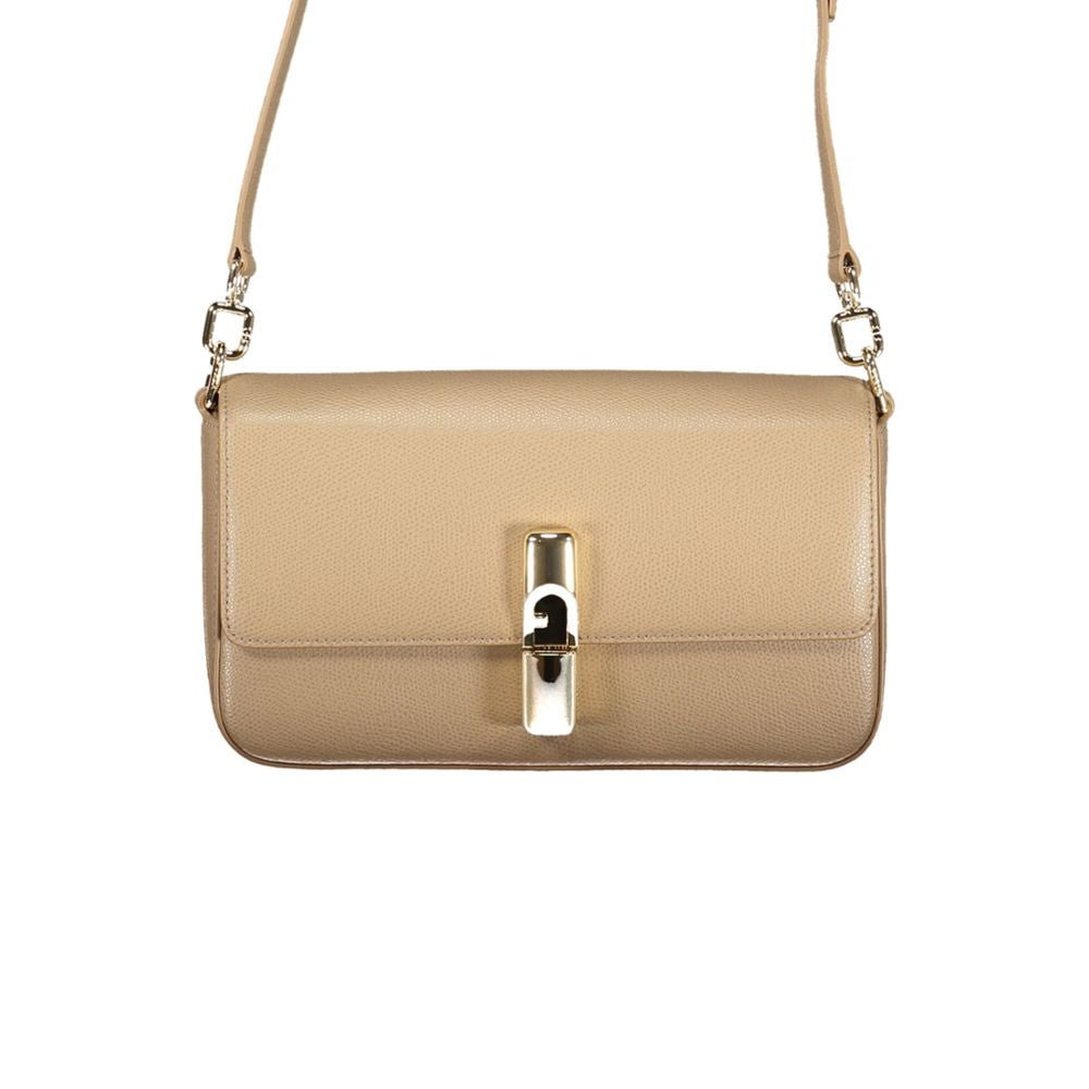 Furla Beige Leather Shoulder Bag with gold-tone clasp and pebbled texture front view