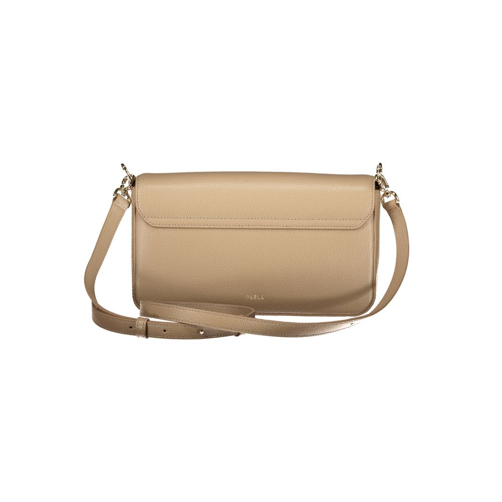 Furla beige leather shoulder bag with gold-tone hardware, structured, front view