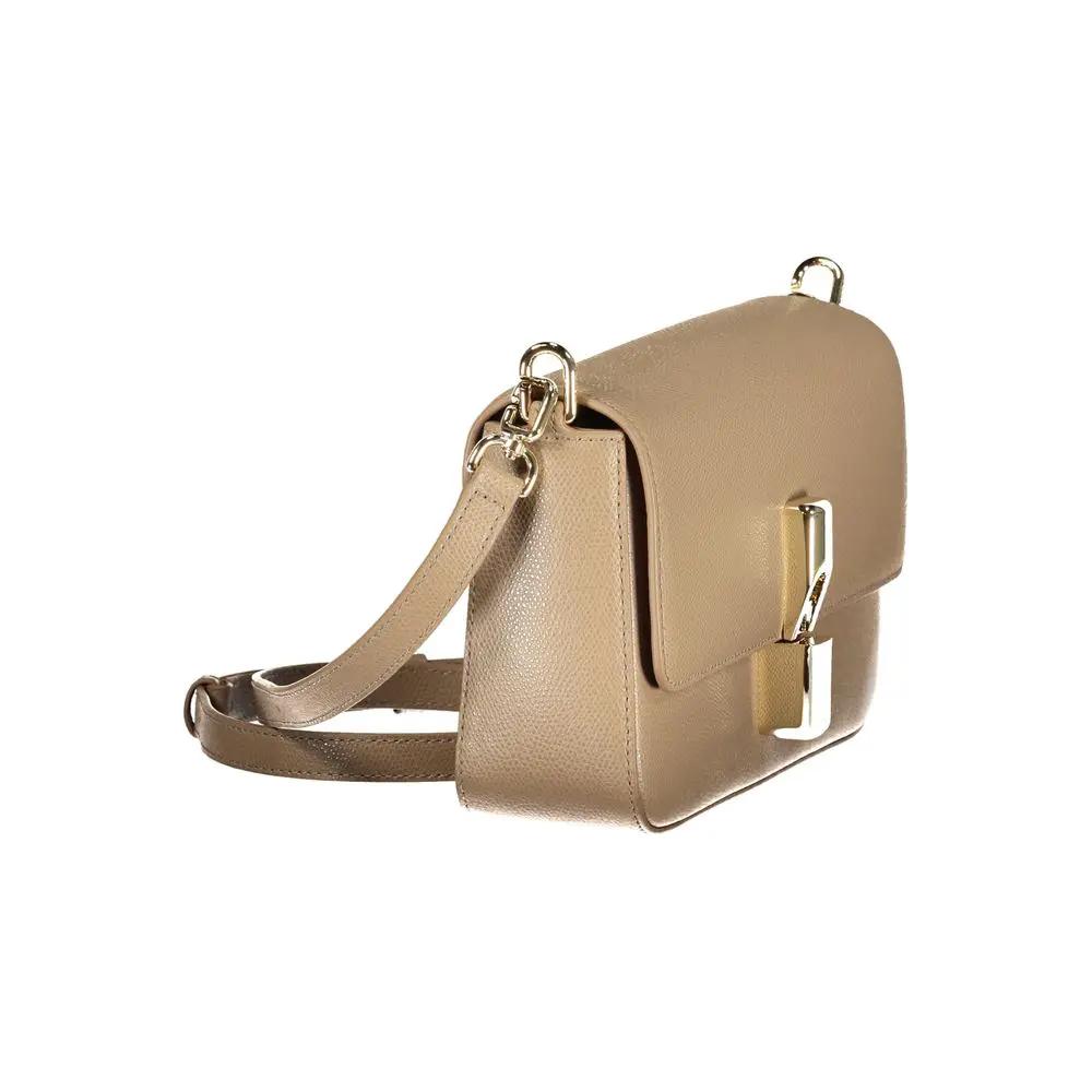 Furla Iride beige leather shoulder bag with gold hardware, side view.