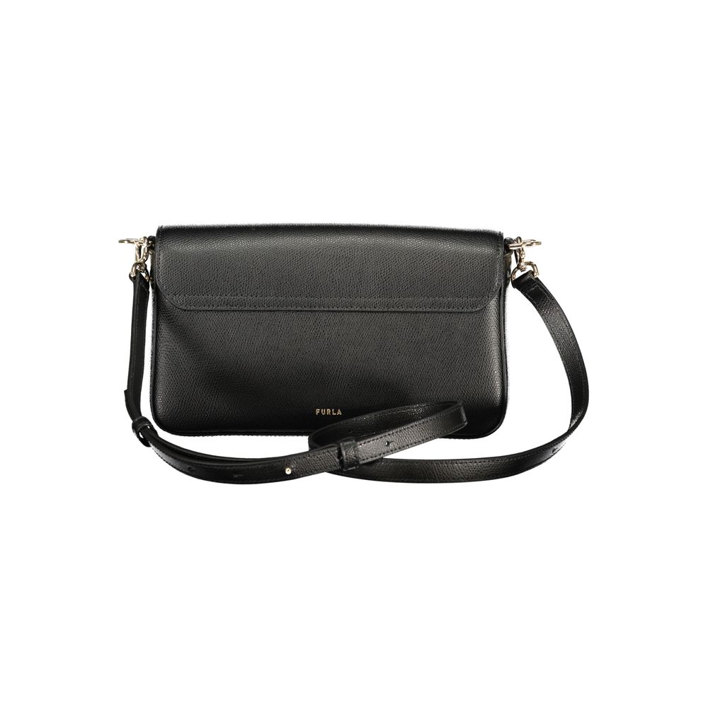 Furla black leather crossbody bag, structured, front view.