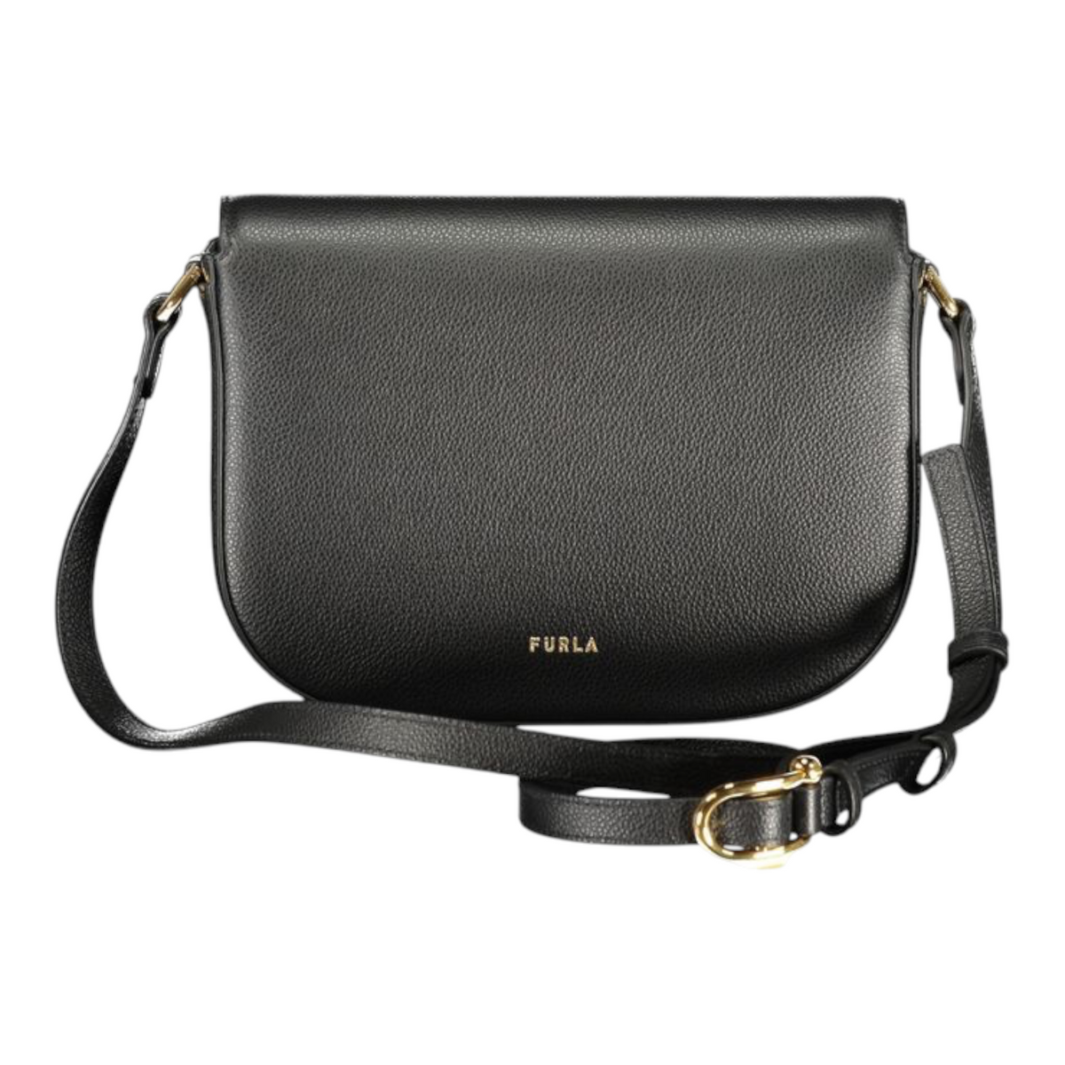 Bolso bandolera redondo Furla Moonlight S en piel negra con correa ajustable y logo dorado de XT & Co