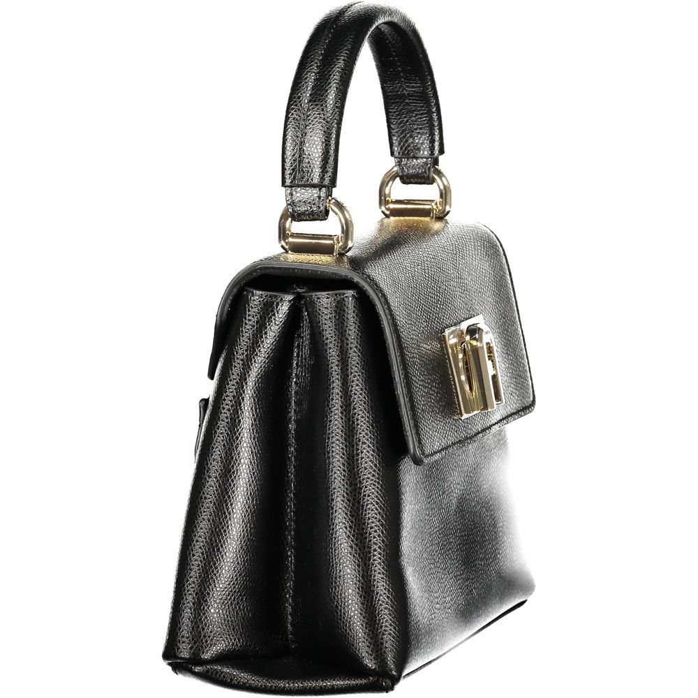 Furla 1927 black leather satchel with top-handle front lock side view