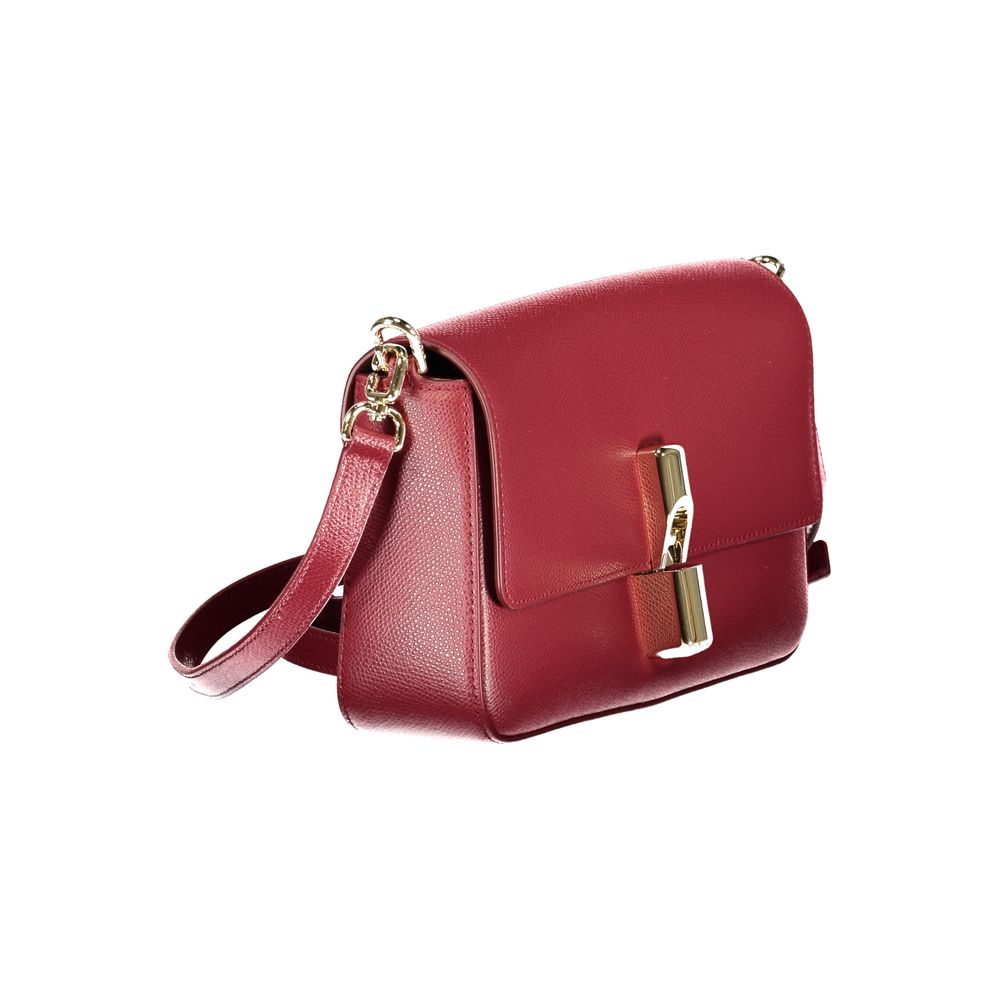 Furla red leather crossbody bag, gold hardware, compact structured silhouette, angled front view