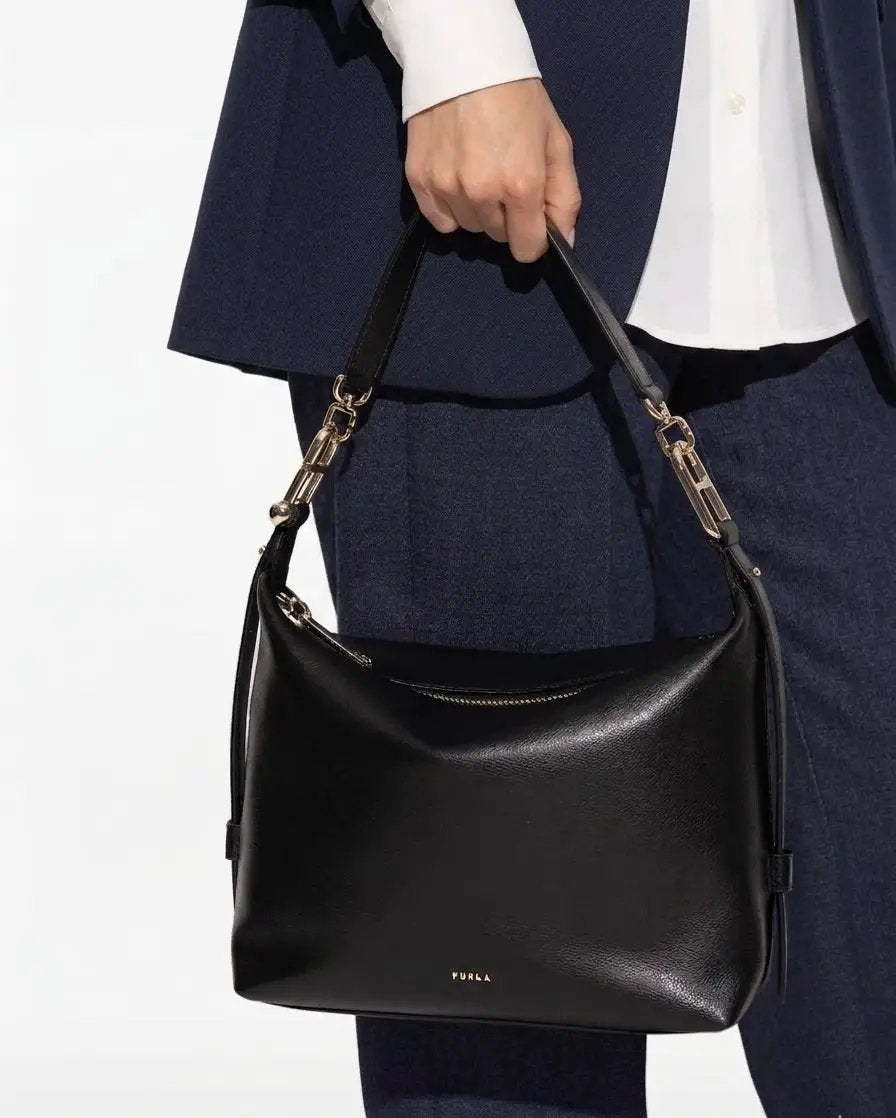 Furla Black Leather Handbag shoulder bag with gold hardware, front view