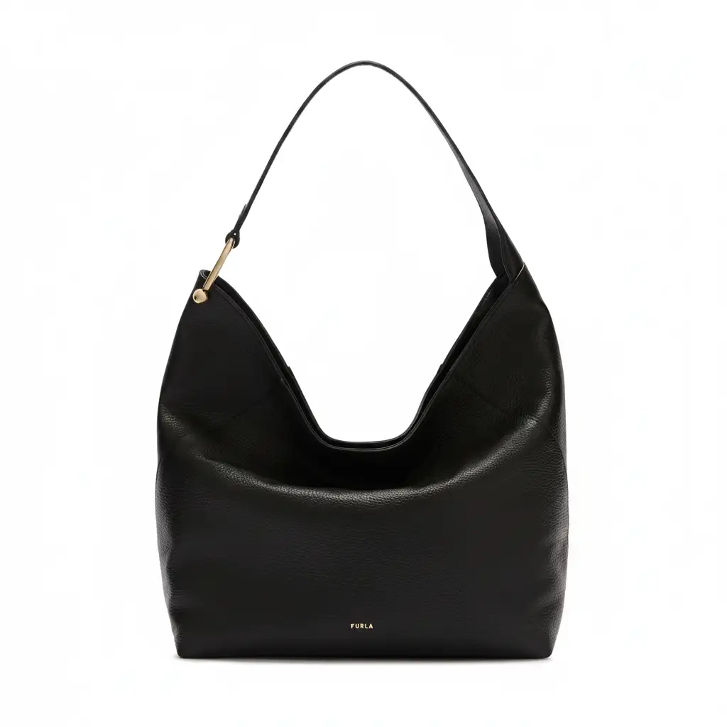 Furla Lara black pebbled leather shoulder bag front view