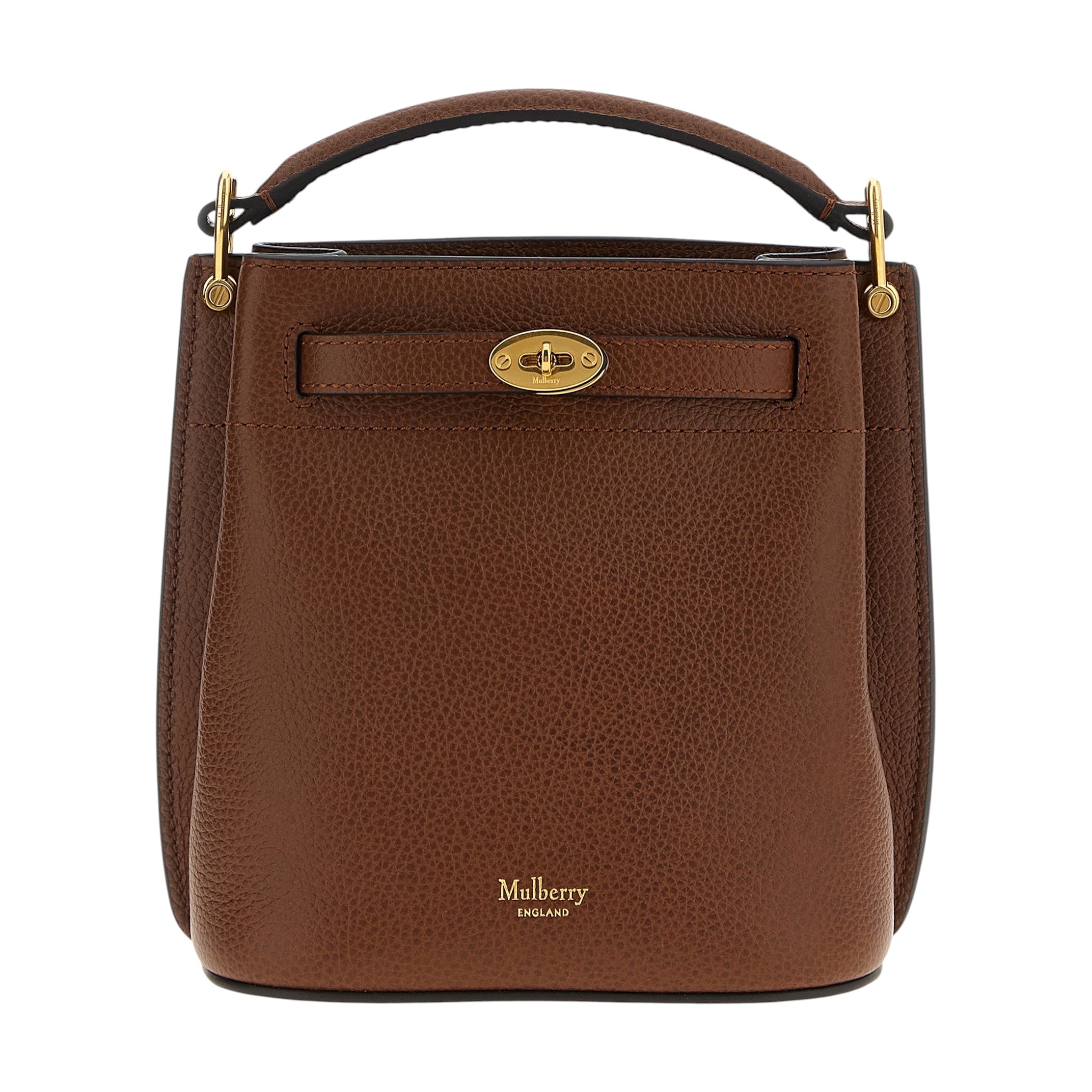Bolso tipo cubo mini Islington de XT & Co en piel de becerro granulada color marrón con cierre Postman's Lock dorado