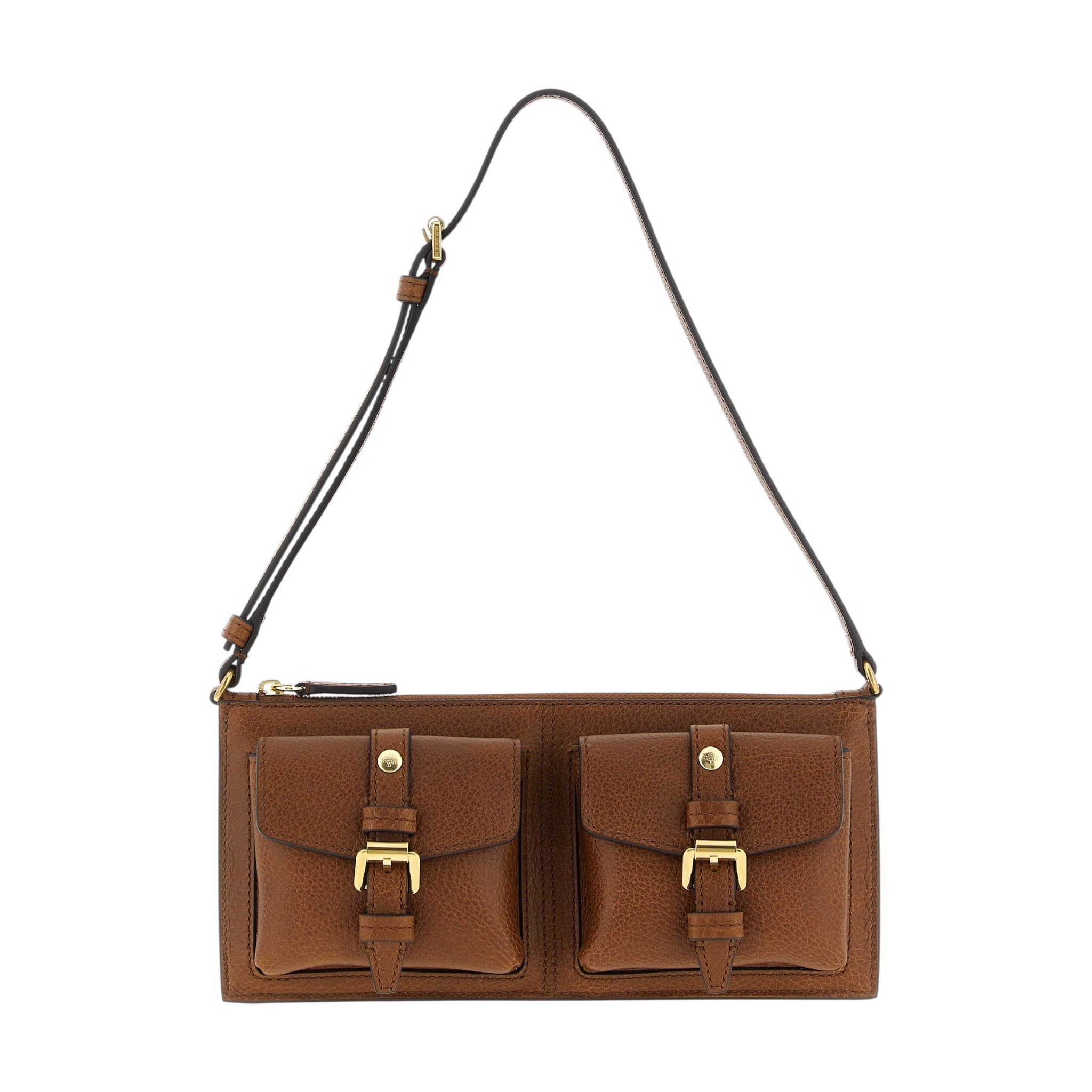 Bolso de hombro XT & Co Mulberry Roxanne en piel de becerro marrón con bolsillos frontales y hebillas doradas