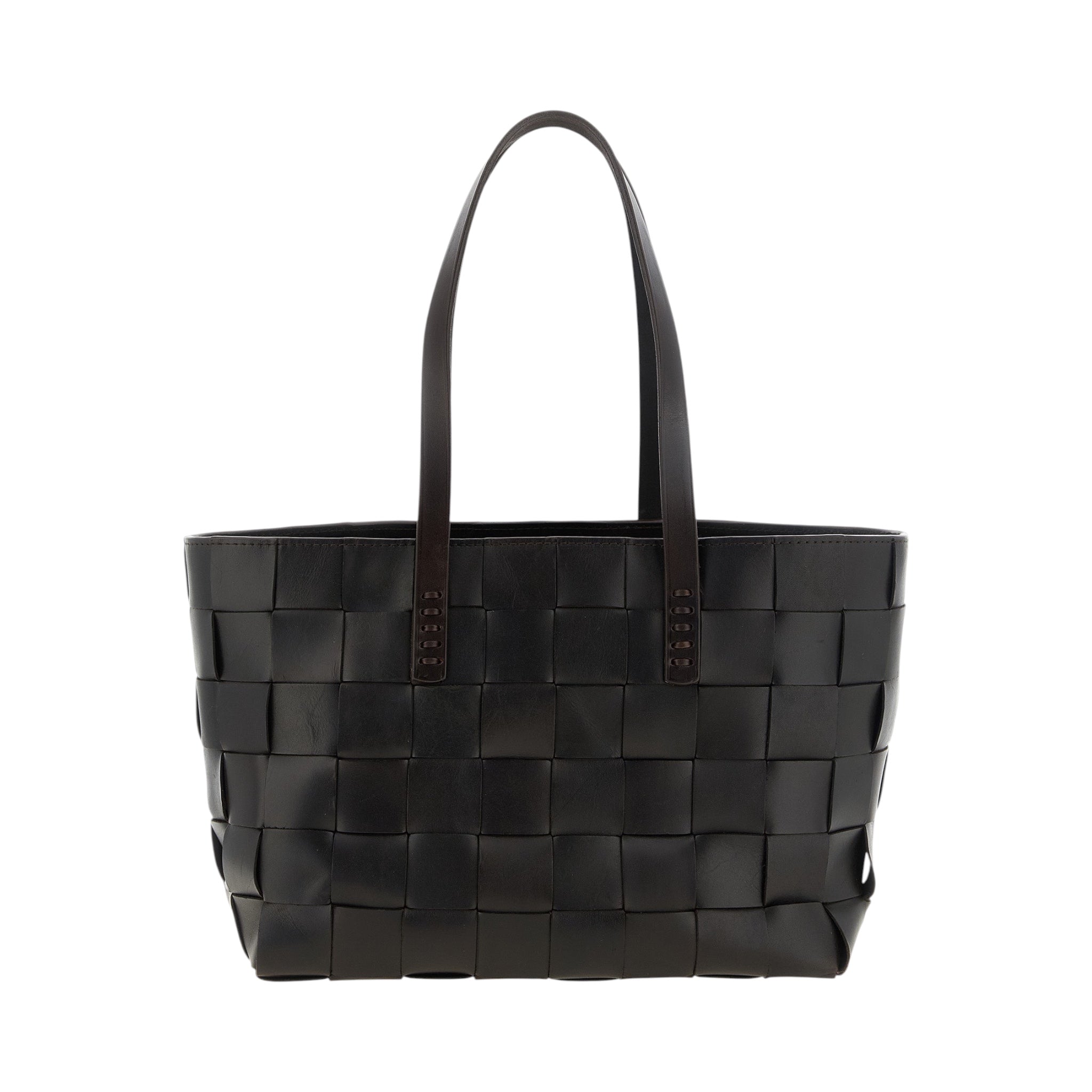 Bolso tote Japan de XT & Co en piel de becerro marrón con diseño trenzado de tablero de ajedrez y asas dobles