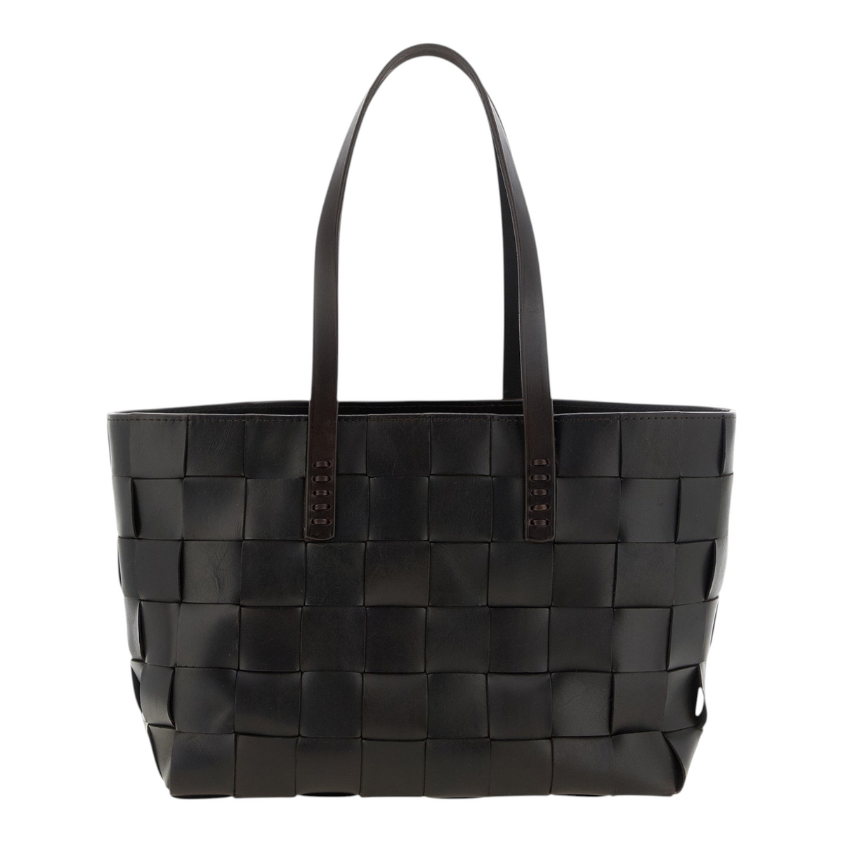 Bolso tote Japan de XT & Co en piel de becerro marrón con diseño trenzado de tablero de ajedrez y asas dobles