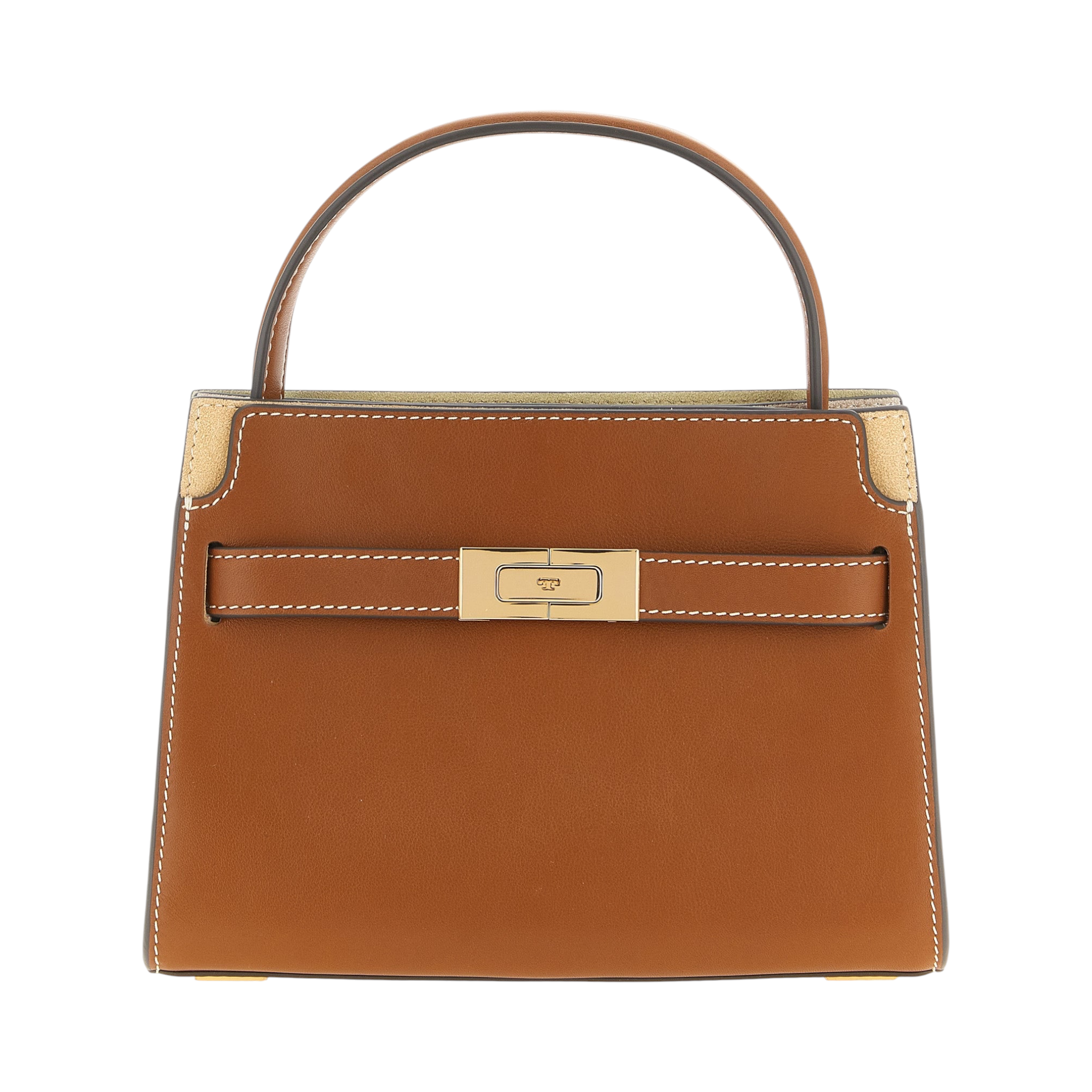 Bolso bandolera XT & Co Tory Burch Lee Radziwill pequeño de cuero marrón con cierre de candado dorado y asa rígida.